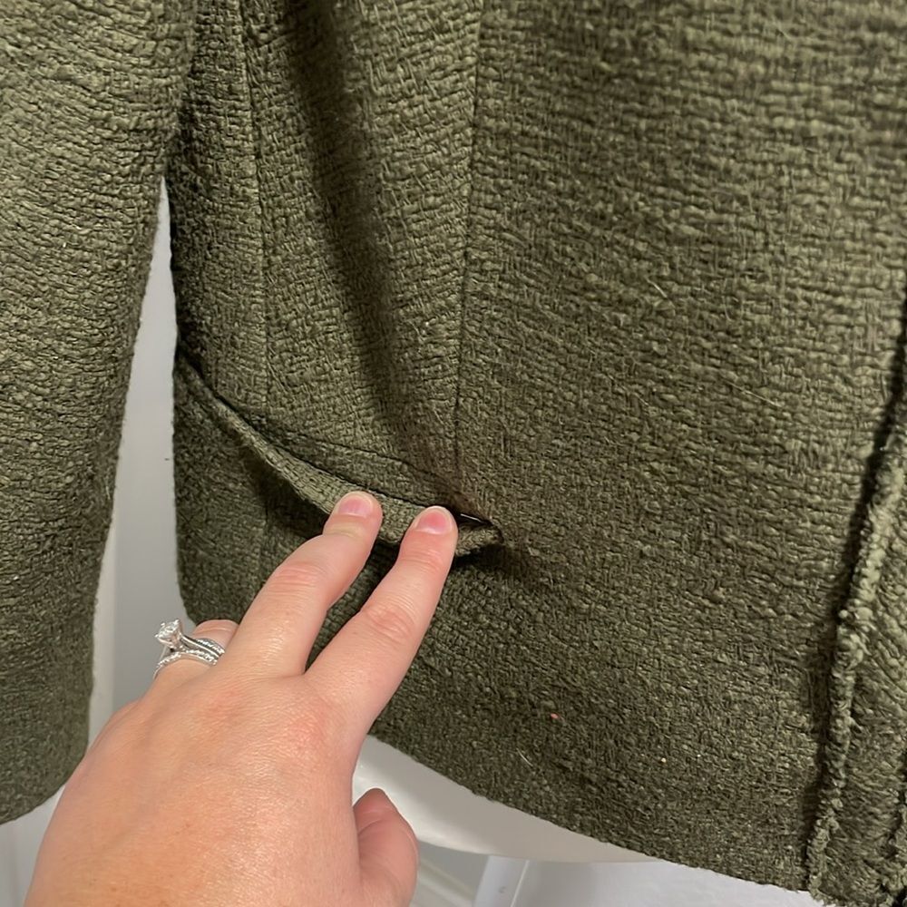 Zara Khaki Green Textured Open Front Blazer Gold Buttons Shoulder Pad Size Large - Picture 3 of 10
